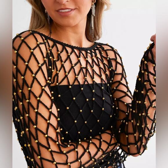 NWT VEVERET Beaded Open Stitch Sweater‎ Whimsigoth Festival Dark Romantic Size S - Picture 2 of 13